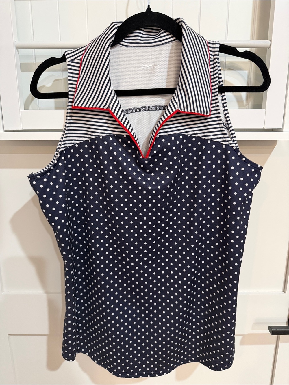 Jofit Navy Polka Dot & Striped Golf Tank with Red Trim